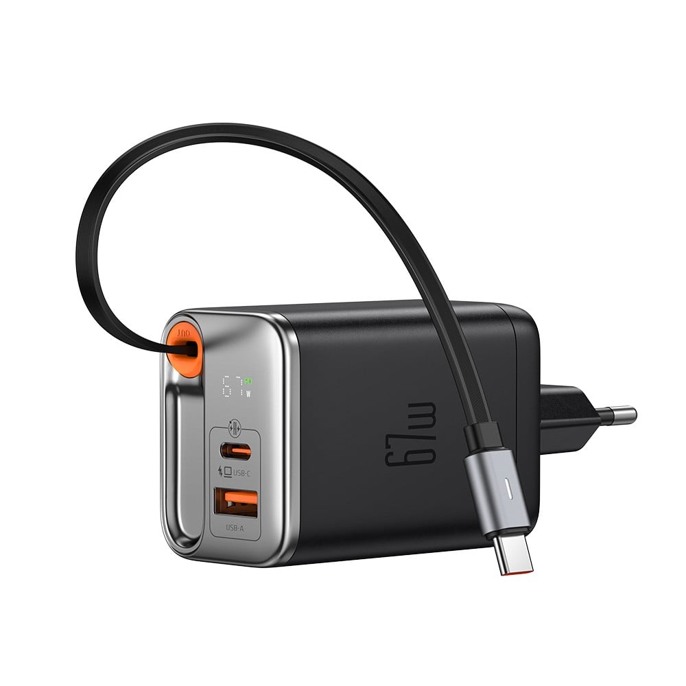 อะแดปเตอร์ MCDODO 67W 1C+1A Digital Display GaN Charger Built-in 65cm retractable USB-C Cable (A6703)