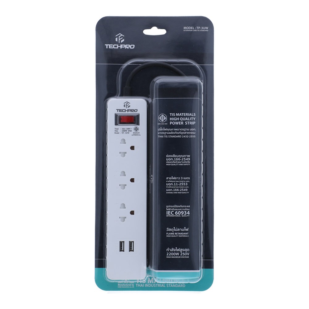 ปลั๊กไฟ TECHPRO Plug 3 Way 1 Switch 2 USB 3M.