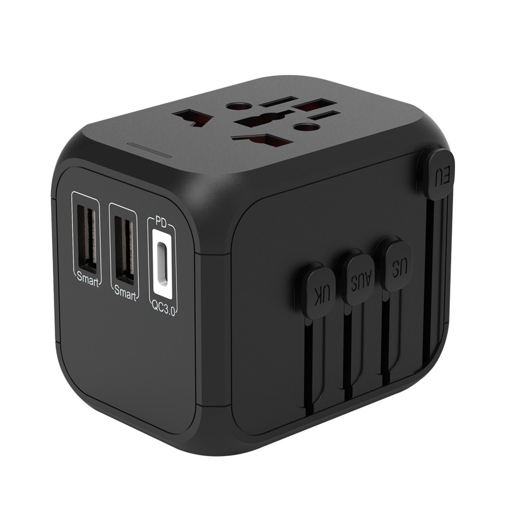 หัวแปลงปลั๊กไฟ Blue Box Travel Adapter with 2 USB-A and 1 USB-C (PD) Port Black