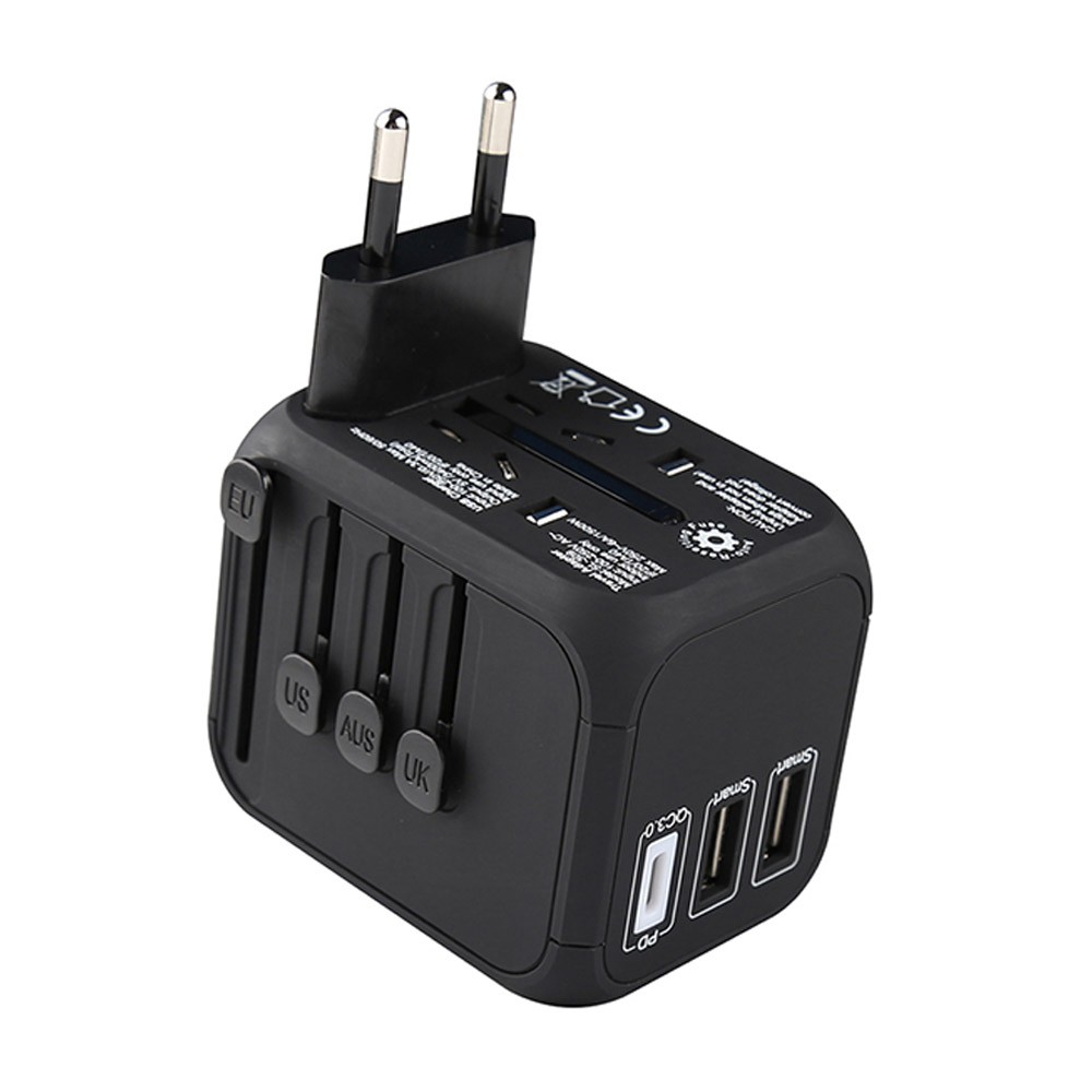หัวแปลงปลั๊กไฟ Blue Box Travel Adapter with 2 USB-A and 1 USB-C (PD) Port Black